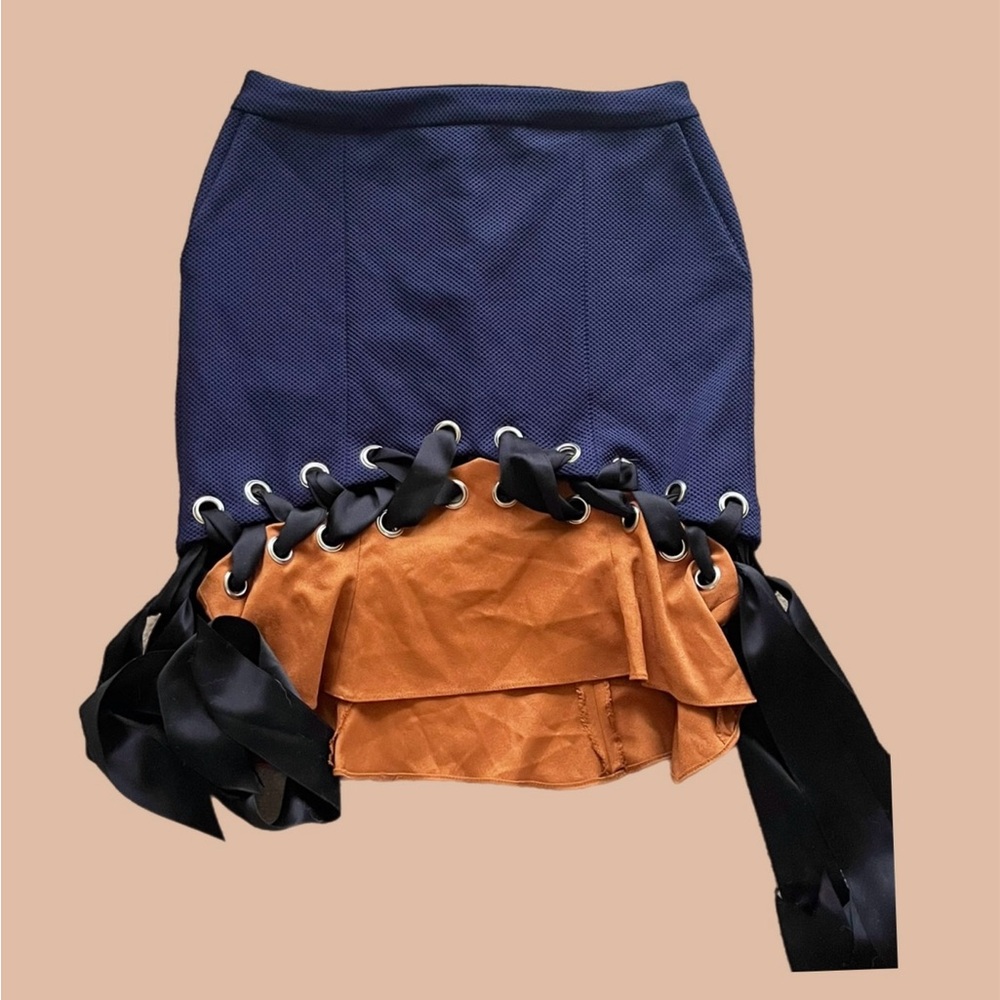 Stylish Blue and Brown Skirt with Ribbon Detail